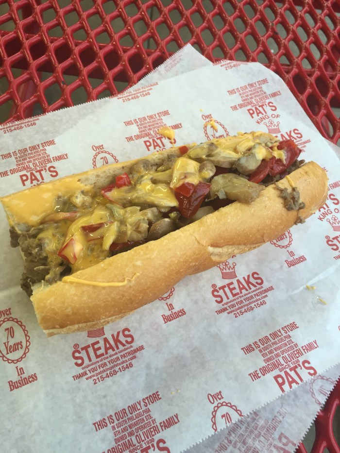 Of course. Had to. Tried Pat's King of Steaks philly cheesesteak. Honestly, I wasn't all that impressed with it. Nothing TOO special. Mushroom pepper wit whiz. Oh ya.
