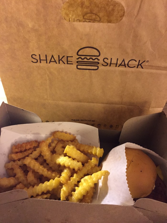Midnight snack. Shake Shack is so delicious and I'm so excited they're opening one up in Dallas soon! The fries are perfect. Crispy on the outside and soft and potato-y on the inside. And the burger is great. Crispy bacon and that shack sauce!!!! UGH! Better than In-n-Out.